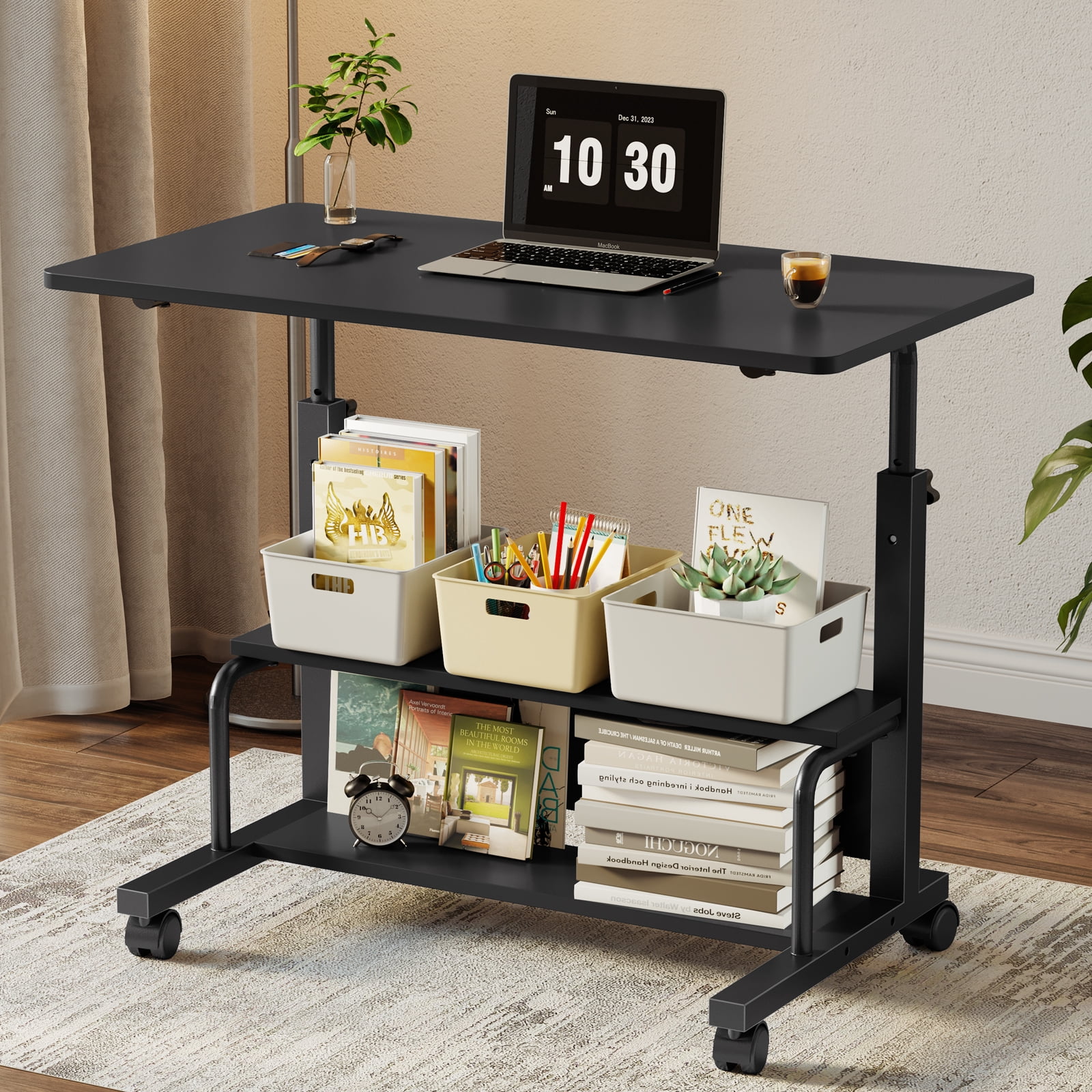 edx Height Adjustable Desk Standing Desk Small Desk for Small Spaces, Mobile Rolling Computer Desk on Wheels, Portable Desks Study Table for Home Office,Black