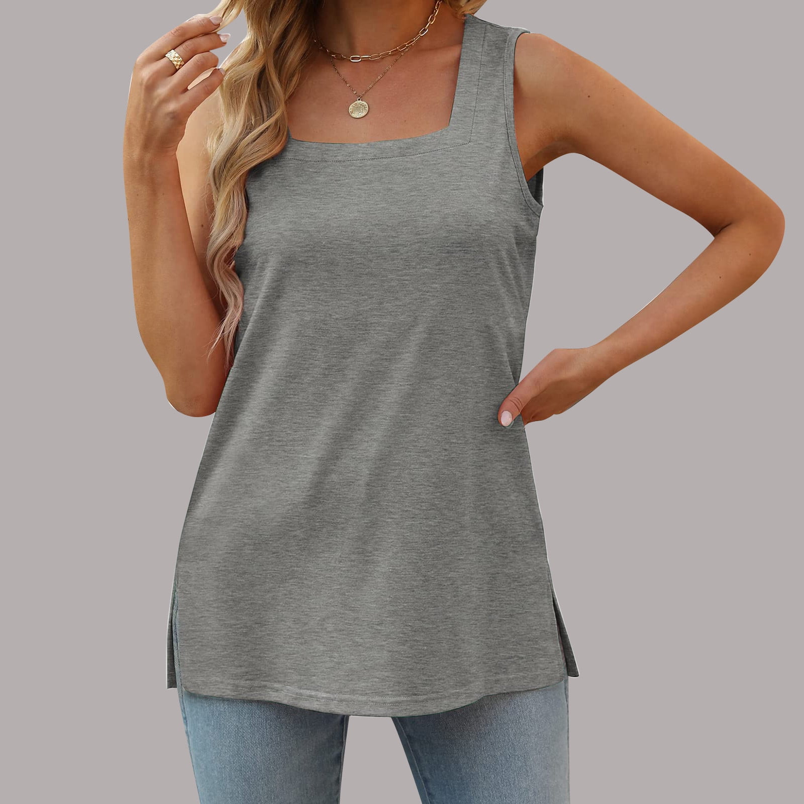 Women Summer Tank Tops Loose Fit Square Neck Pleated...