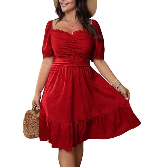 AURA Plus Size Womens Red V Neck High Waist Midi Dress Short Sleeve Ruched A Line Knitted Commuter Summer