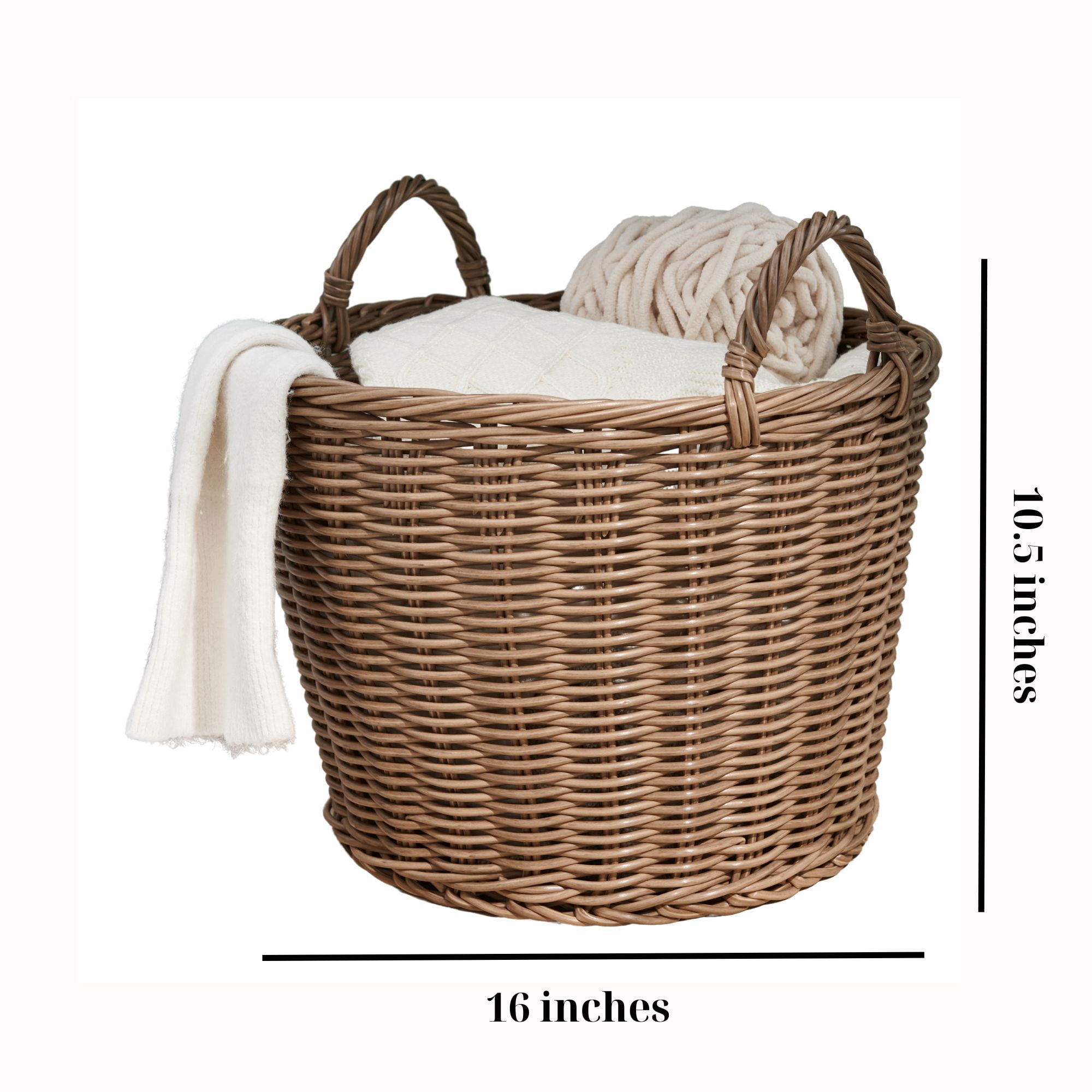 Round Cone‑Shaped Resin Woven Wicker Storage Basket with Handles, 16"×16"×10.5" Chocolate Brown Decorative Organizer Bin for Clothes Towels Toys Magazines Home Décor