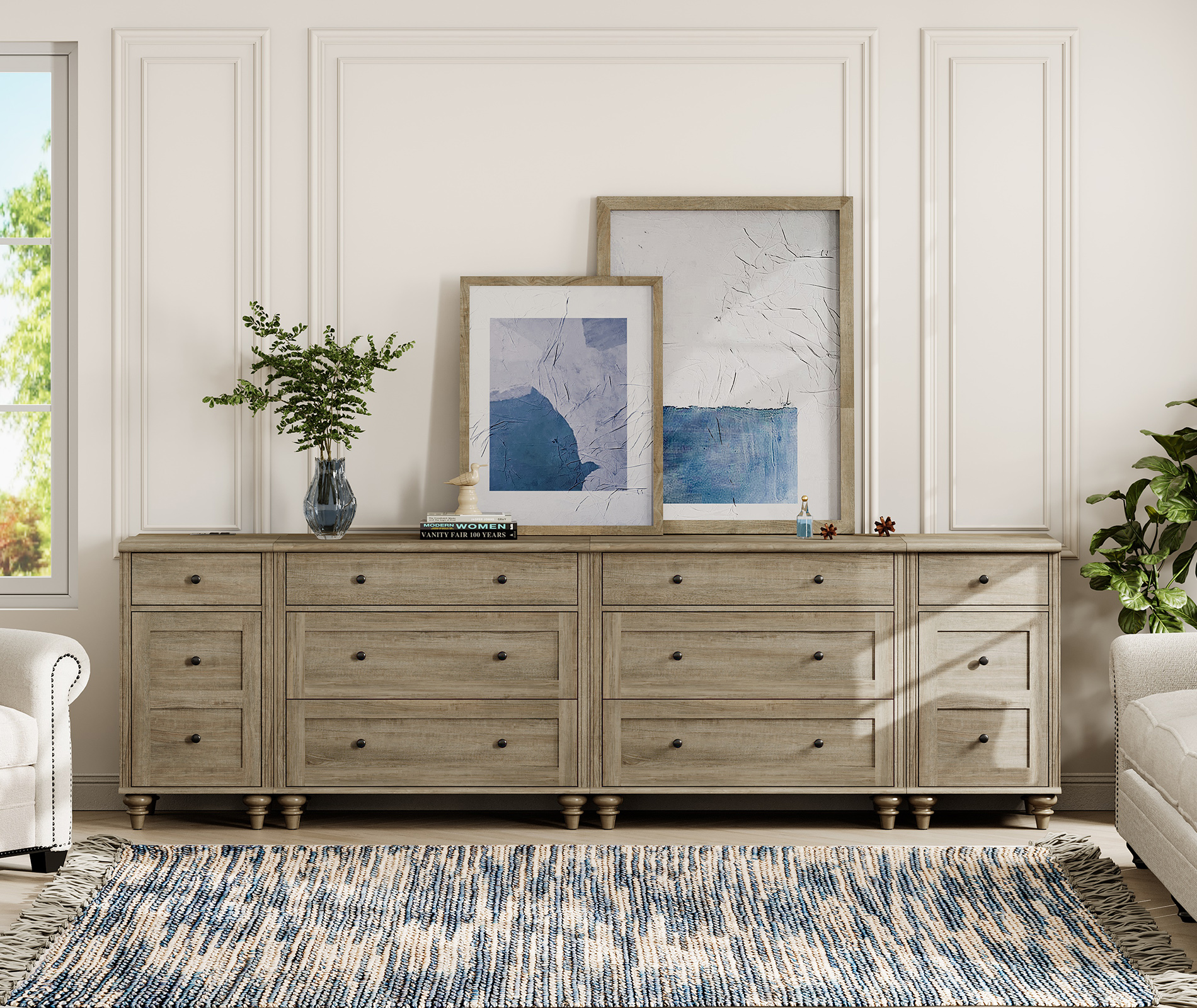 WAMPAT Farmhouse TV Stand for 100 Inch TV, 3-in-1 TV Console Table with Drawers and Ample Storages, Entertainment Center with Charging Station for Living Room, Wash Grey