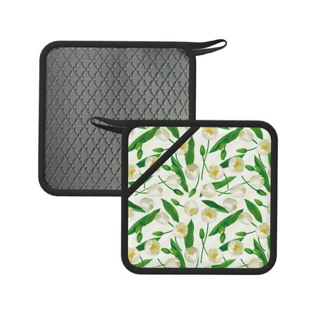 

2PCS Pot Holders for Kitchen - Heat Resistant Silicone Pot Holders with Hanging Loop Tulips Flowers Leaves Non Slip Oven Hot Pads Potholders for Decor Baking Cooking Kitchen