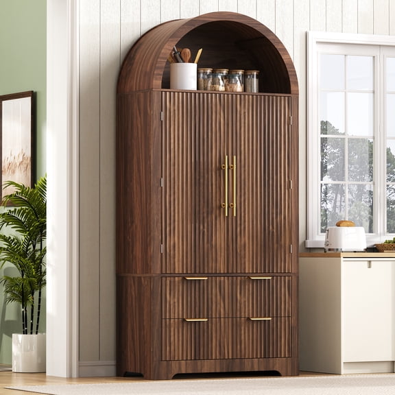 Tall Arched Kitchen Pantry Cabinet, 72" Fluted Storage with 2 Drawers & 8 Adjustable Door Shelves, Walnut