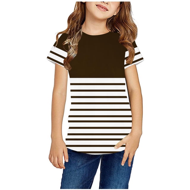 Zwiiyzr T-Shirt Rayé 2025 pour Enfants Col Rond Manches Courtes pour Garçons Filles Marron-12-13 Ans