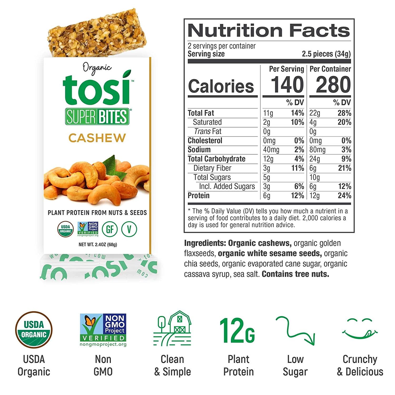 Tosi, Snack Bars, GMO Free, Almond, 12 Ct, 2.4 Oz
