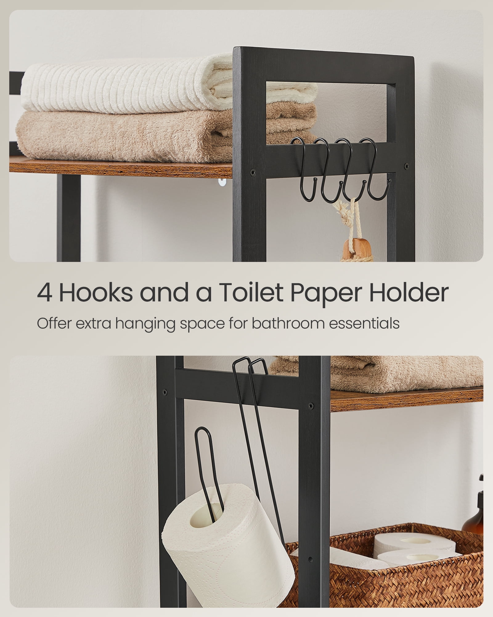 SONGMICS Over The Toilet Storage, 3-Tier Bathroom Organizer Over Toilet with Adjustable Shelves, Rustic Brown and Ink Black