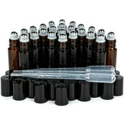 Vivaplex, 24, Amber 10 ml Glass Roll-on Bottles with Stainless Steel Roller Balls - 3 - 3 ml dropper's included