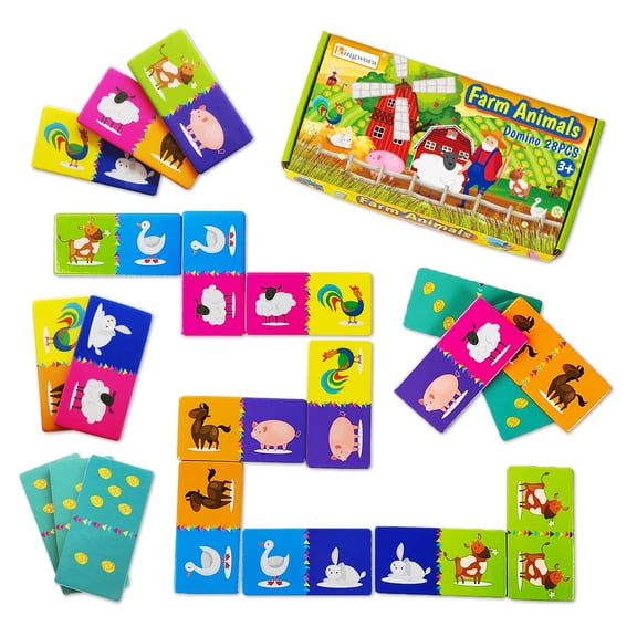 Kingwora Farm Animals Matching Game,28 Pcs Double-Side Cardboard Dominoes Games  for Kids Ages  3 