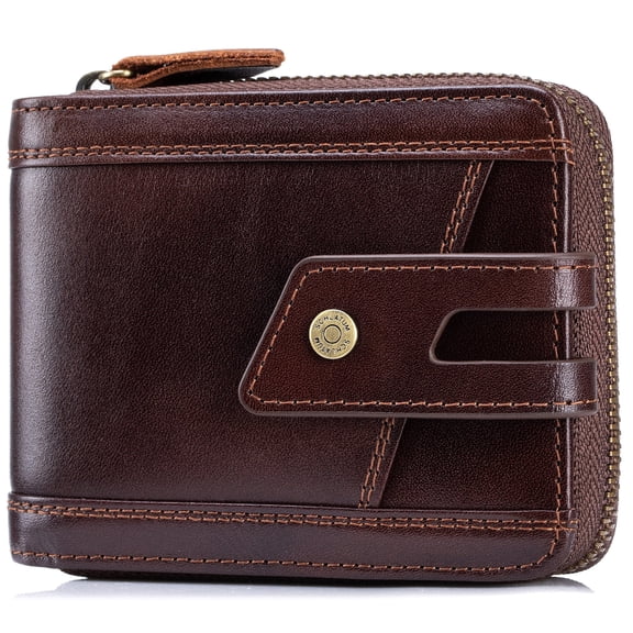 SCHLATUM Men's RFID Blocking Wallet Genuine Leather Zip Around Wallet with 13 Card Slots ID Window Coin Pocket for Daily Use Business Travel, Coffee