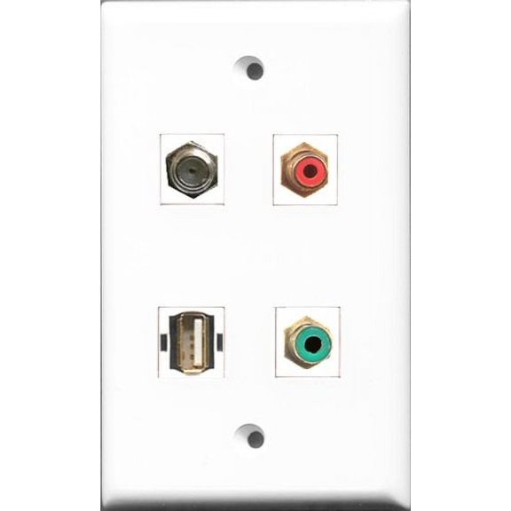 RiteAV 1 Port RCA Red and 1 Port RCA Green and 1 Port Coax Cable TV- F-Type and 1 Port USB A-A Wall Plate