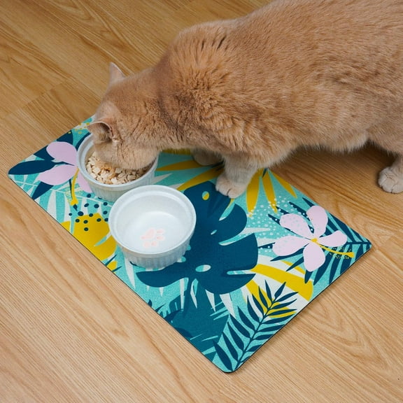 Quick Absorben Pet Food Mat Cat Food Mats for Indoor Cats, Easy Clean and Hide Stains Cat Feeding Mat - Boho Leaf 12x20 Inches