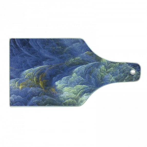 Fractal Cutting Board, Trippy Fantasy Shapes with Blurry Effects Mystic Plasma Pattern, Decorative Tempered Glass Cutting and Serving Board, Wine Bottle Shape, Blue Pale Yellow, by Ambesonne