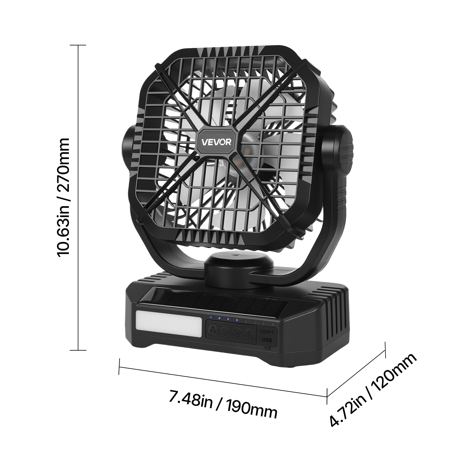 VEVOR 10400mAh Solar fan, Camping Fan with Solar Panel & LED Lantern, 7W 8 Inch Portable Rechargeable Battery Powered for Outside, 4-Speed and Quiet Operated for Picnic, Barbecue, Fishing, Travel