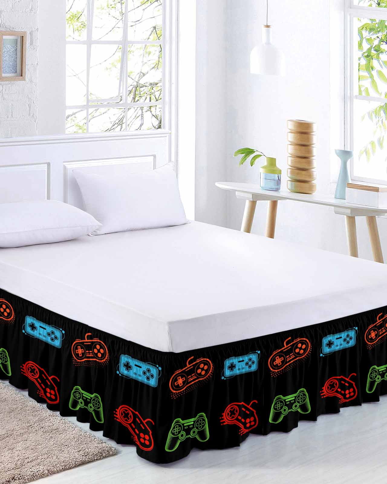 Game Controller Bed Skirt Queen Size, Modern Art Gaming Handheld Black Wrap Around Bed Skirting with Adjustable Elastic Strap, Dust Ruffle Pleated Bedskirts 16 Inch Drop for Bedroom Queen Beds