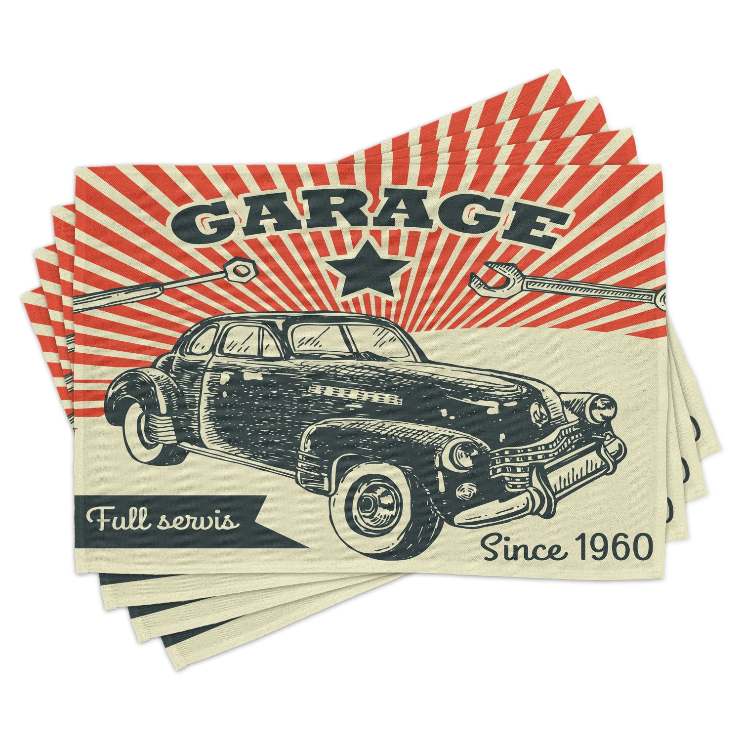 Cars Placemats Set of 4 Retro Car and Garage Advertising Poster Style