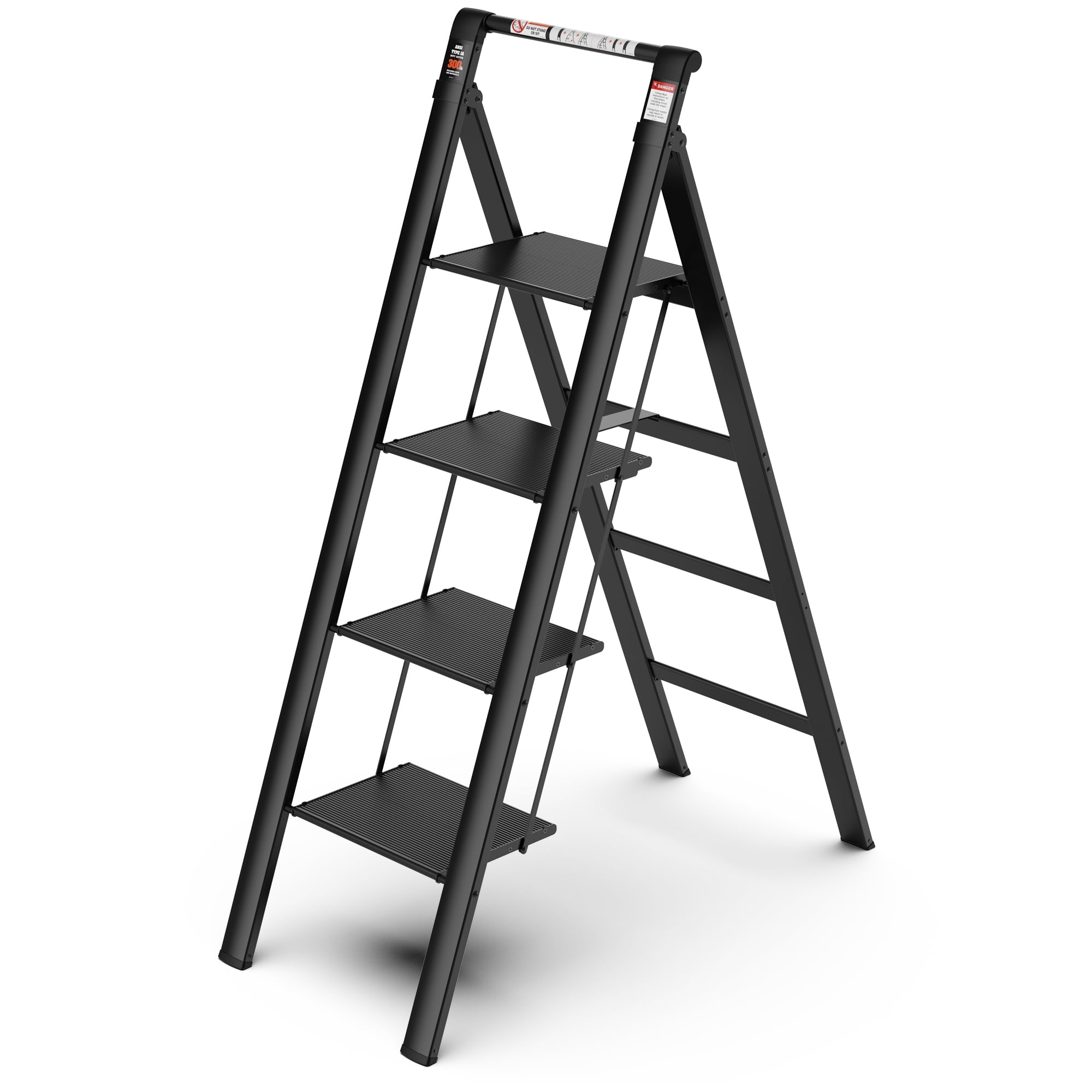 Kadyn Aluminum Retractable 4 Step Ladder, Folding Step Stool with Anti-Slip Wide Pedal, Black Portable Lightweight Ladder for Home, 300lbs Safety Household Ladder