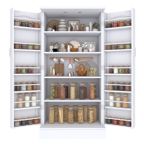 Kitchen Pantry Cabinet, White Buffet Cupboards Sideboard Freestanding Kitchen Pantry Storage Cabinet with Adjustable Shelves and Doors