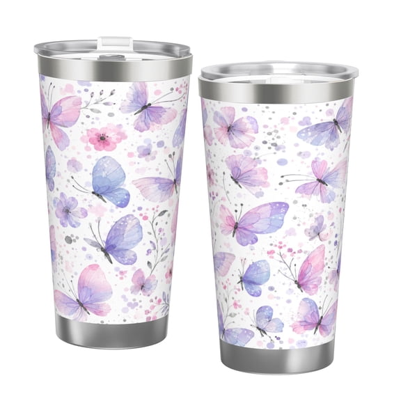 20oz Watercolor Butterfly Tumbler with Handle and Straw Stainless Steel Insulated Travel Coffee Cup Gift for Women with Double Silver Rim