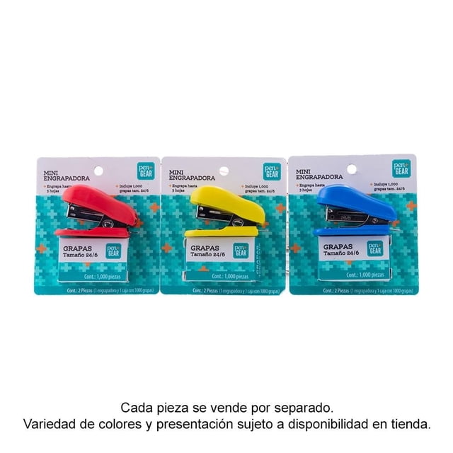 Engrapadora Pen + Gear Mini, Paquete con 1,000 grapas estándar 26/6, Varios colores.