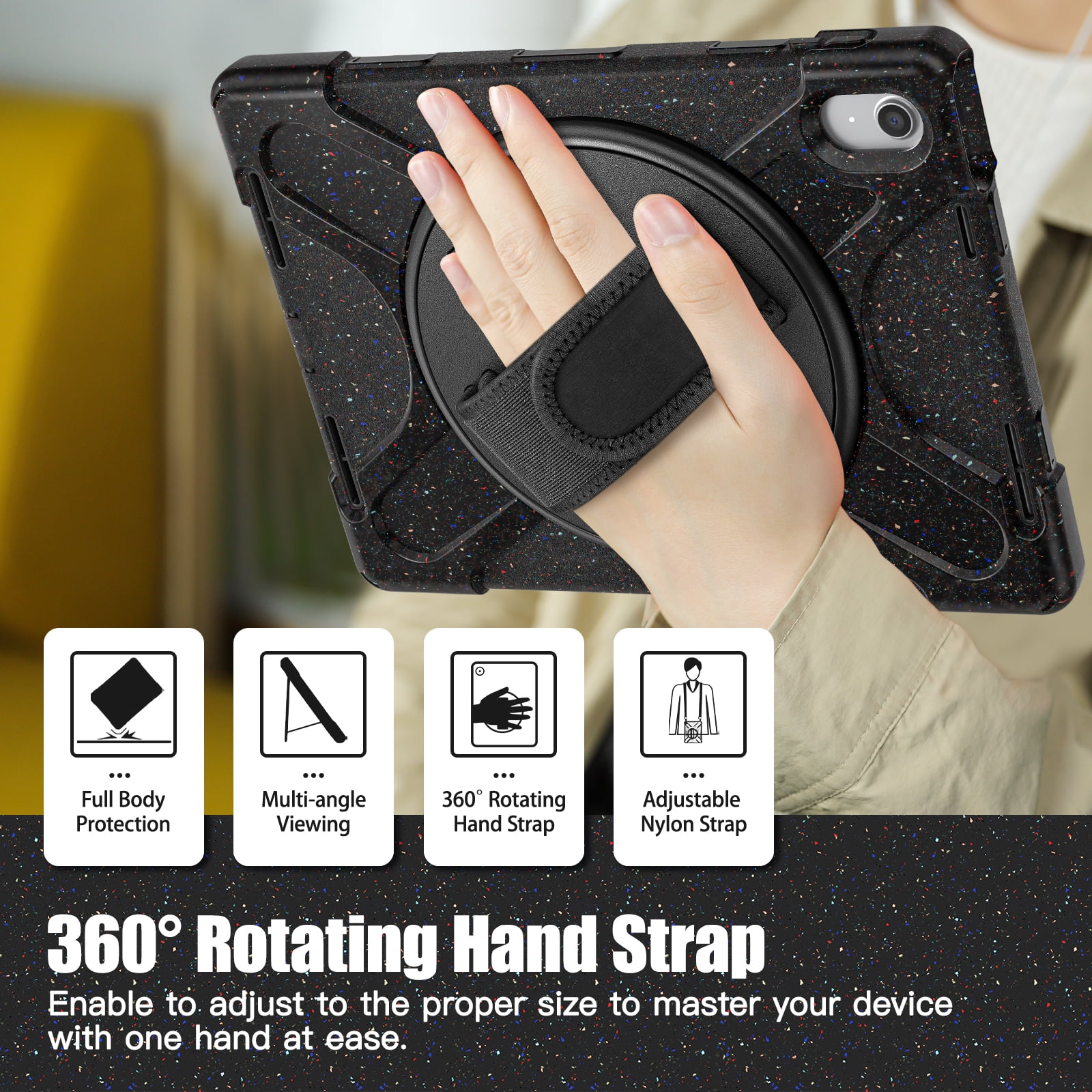 ELEHOLD Case For Apple iPad 11th(A16) 2025/10th Gen 2022, Military Grade Silicone Hybrid Rugged Case with Pencil Holder Rotating Stand Hand/Shoulder Strap,Colorful Black