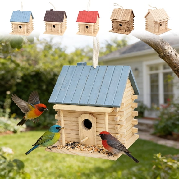 Wooden Bird House and Feeder for Outdoors, Hanging Bird Nest Box for Courtyard Garden, Parrot Breeding and Wild Birds, Paintable DIY Graffiti Design