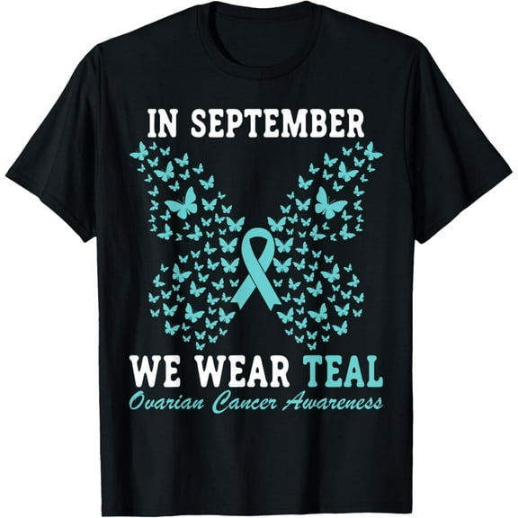 t-shirt Ovarian Cancer Awareness Month Teal Betterfly Ribbon T-Shirt mens，black，women，funny，journey，Crew Neck, Short Sleeve,printing