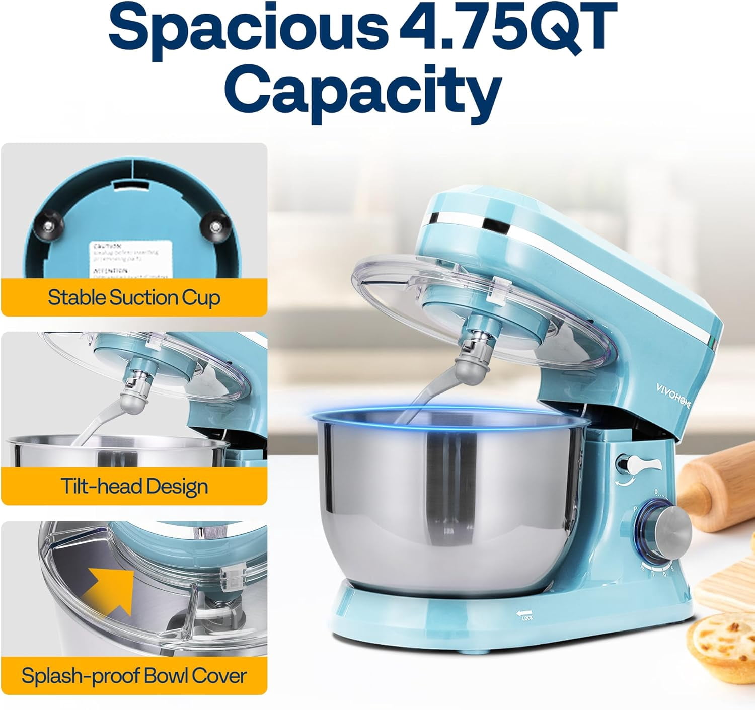 SPECSTAR 4.75 Quart Stand Mixer, 8 Speed Kitchen Electric Food Mixer, Household Stand Mixer for Baking, Cake, Bread with Beater, Dough Hook, Wire Whip and Egg Separator, Blue
