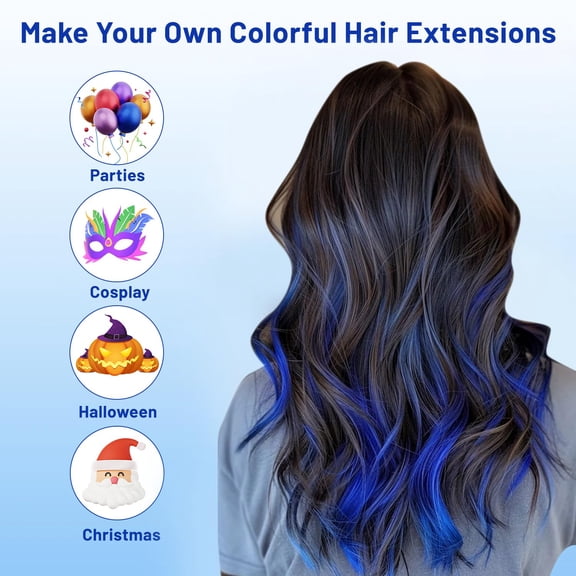 WEIF-16 Pcs Colored Hair Extensions Curly Wavy Clip in Synthetic Hairpiece Streak for Girls Women Kid, Multi-colors Party Highlights Cosplay Festival Gift(Blue)