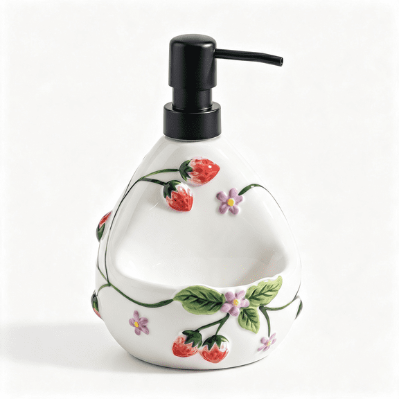 CCOCC Strawberry Soap Dispenser with Sponge Holder for Countertop, 20Oz | Artisanal Handmade, 2-In-1 Cute Lotion Pump, Ceramic Liquid Dispenser & Caddy Combo for Kitchen & Bathroom