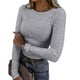 thumbnail image 2 of Camiseta de manga larga con canalé para mujer: cuello redondo, ajustada, tejido elástico, prenda básica informal, poliéster/spandex, para todas las estaciones., 2 of 5