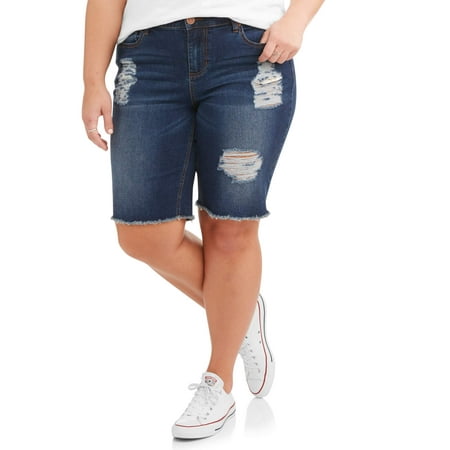 Junior's Plus Distressed Raw Hem Bermuda Shorts