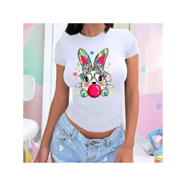 Playera de Mujer con Conejita Chic – Estampado Divertido y Colorido Color Blanco Talla Chica Marca Emil SaEs