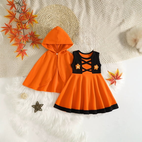 MEZZALL Enchanting Girls Halloween Sleeveless Dress With Orange Cape For Halloween Excitement Party Outfit For Little Fashionistas Boho Clothes Sets