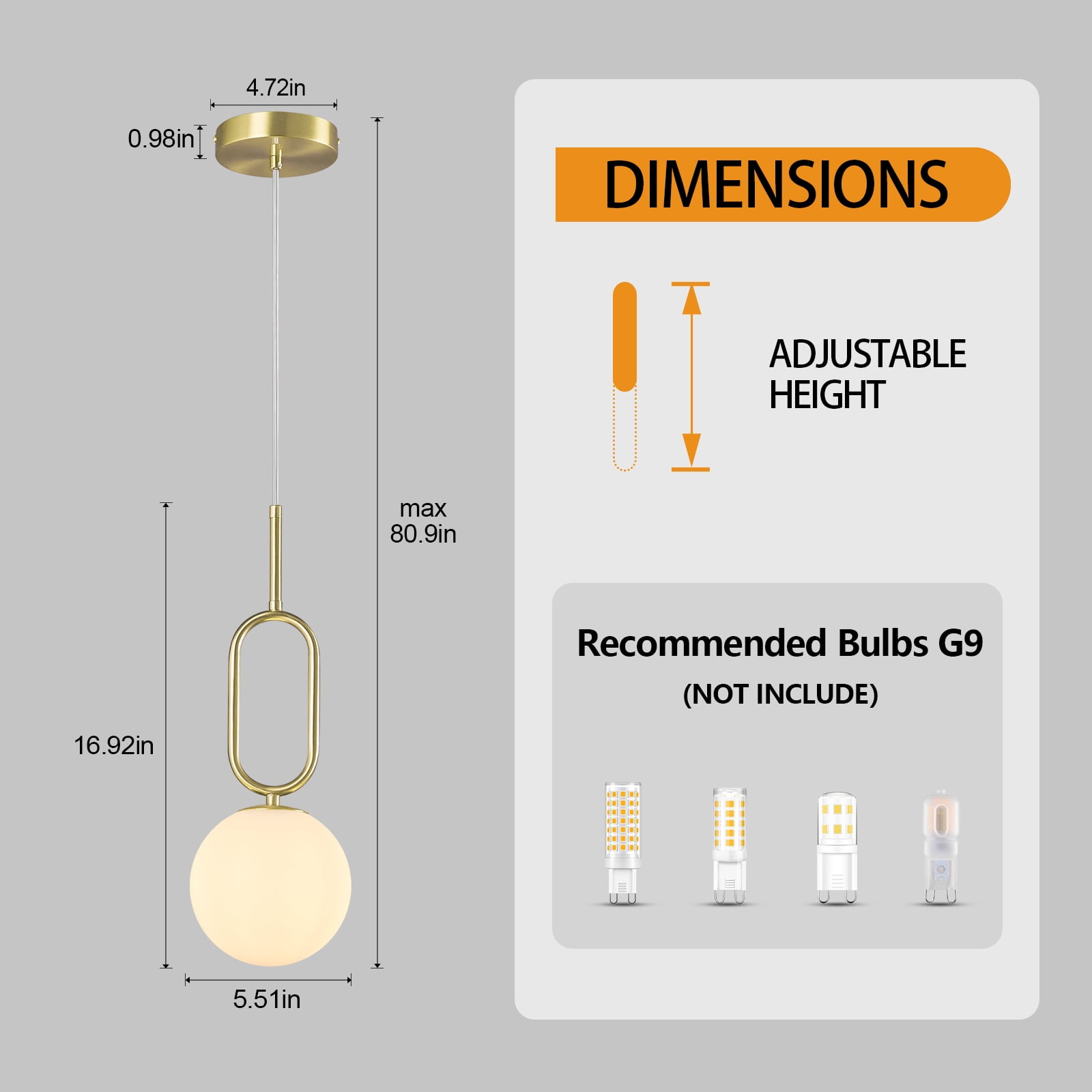 LMQNINE Gold Pendant Light with Milky White Glass Shade,Adjustable Minimalist Globe Hanging Fixture for Kitchen Island,Dining Room,2 Pack