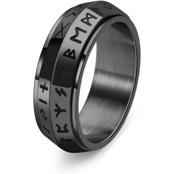 Stainless Steel Norse Viking Spinner Fidget Ring for Men & Women – Black/Gold/Retro Silver Viking Runes Amulet Signet Ring, Anxiety Relief Spinner Band, Biker Motorcycle Jewelry Gift