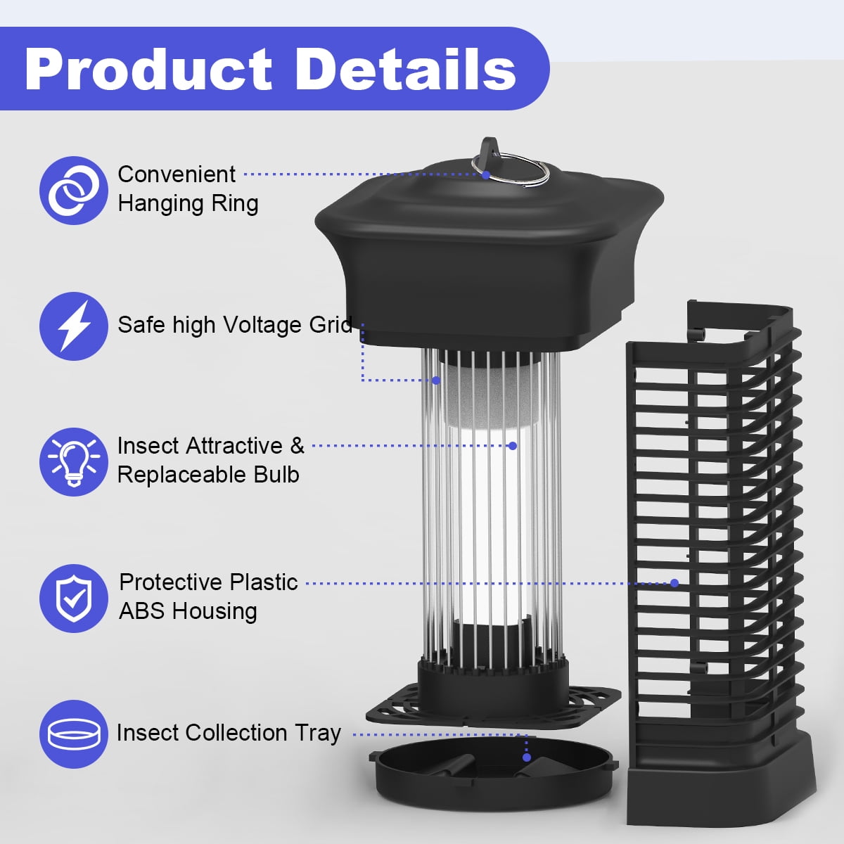Gamexcel 4000V Bug Zapper, Corded Indoor/Outdoor Electric Insect Killer with Hanging Design, Square, Black