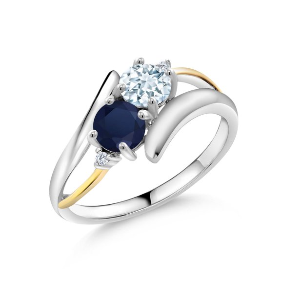 Gem Stone King 1.12 Cttw Sky Blue Aquamarine and Blue Sapphire Ring for Women | 925 Silver and 10K Yellow Gold | Gemstone Birthstone | Round 5MM | Available in Size 5, 6, 7, 8, 9 | Size 8