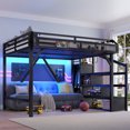 thumbnail image 3 of Queen Loft Bed with Storage Stairs, Shelves and Built-in Wardrobe, Metal Loft Bed Frame with USB Ports and LED Lights, Noise-reduced Design, Black Woodgrain, 3 of 19