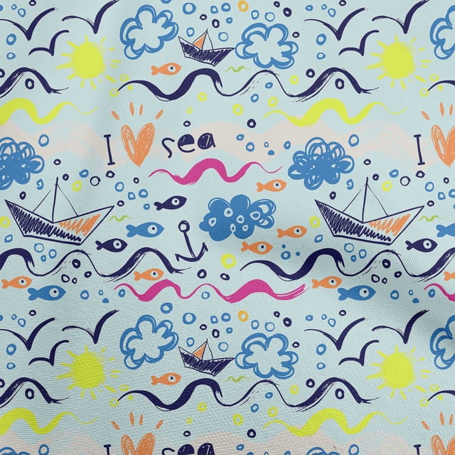 oneOone Cotton Poplin Sky Blue Fabric Ocean Life Craft Projects Decor Fabric Printed By The Yard 42 Inch Wide