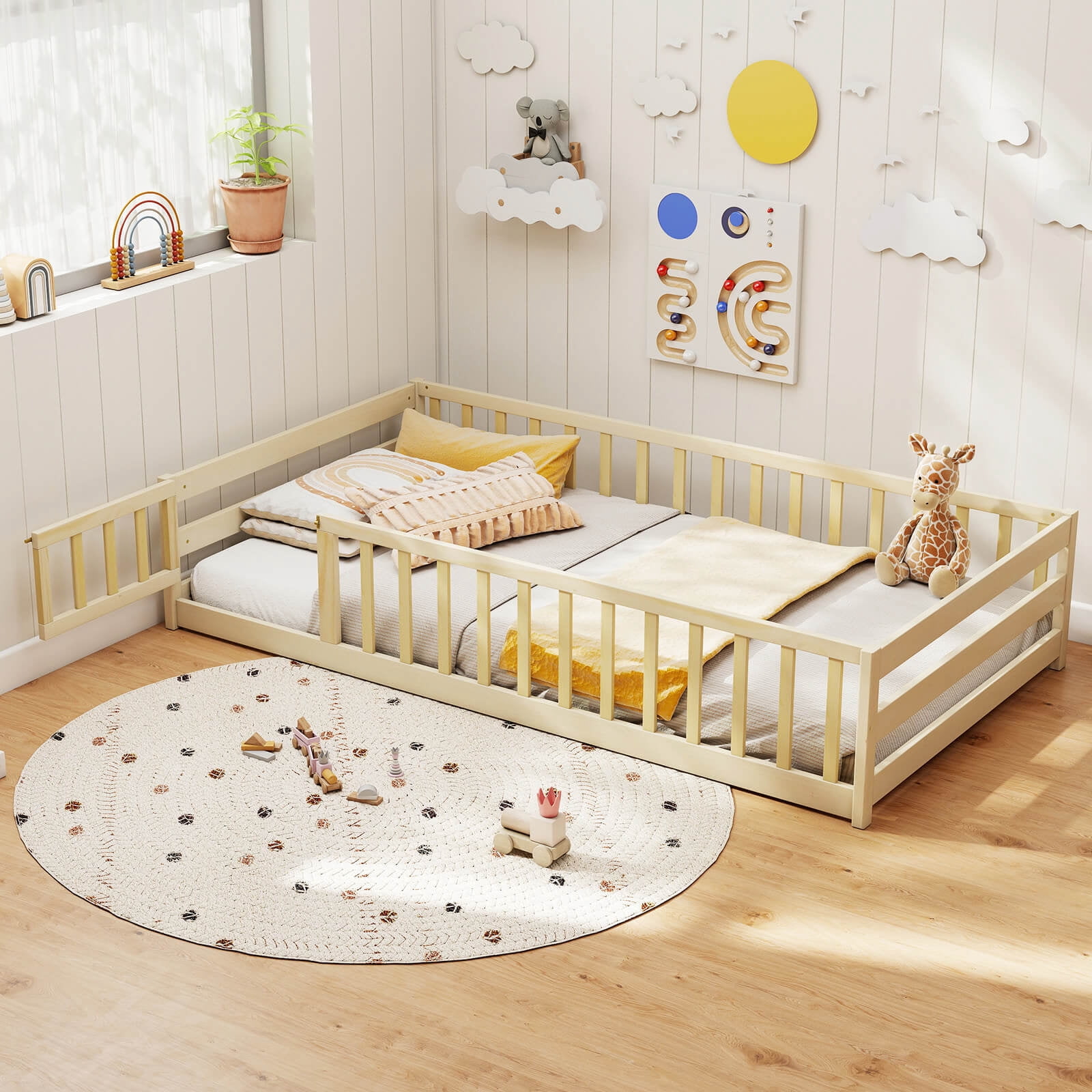 Costway Twin Size Floor Bed with Door & Fence with Safety Guardrails & Slats Support Beige