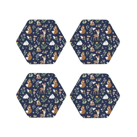 

KLL Drink Coasters Set Hexagon of 4 PU Leather Absorbent Coasters Set Decorative Coffee Cup Coasters Housewarming Gift for Home Decor-Animals And Wildflowers