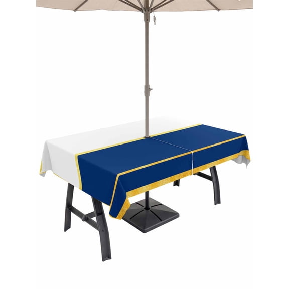 Outdoor Tablecloth with Umbrella Hole for Patio/Picnic/Party/Camping, Modern Navy Blue Gold Waterproof Table Cloth Rectangle Table Cover Washable, Minimalist Geometric Yellow Striped (60"x 102")