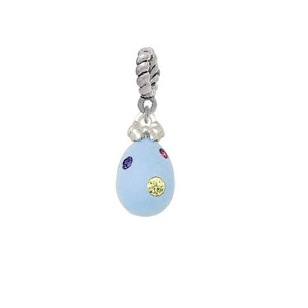 Easter Egg Bead - Silvertone Light Blue Easter Egg with Multicolored Crystal Dots - Rope Charm Bead