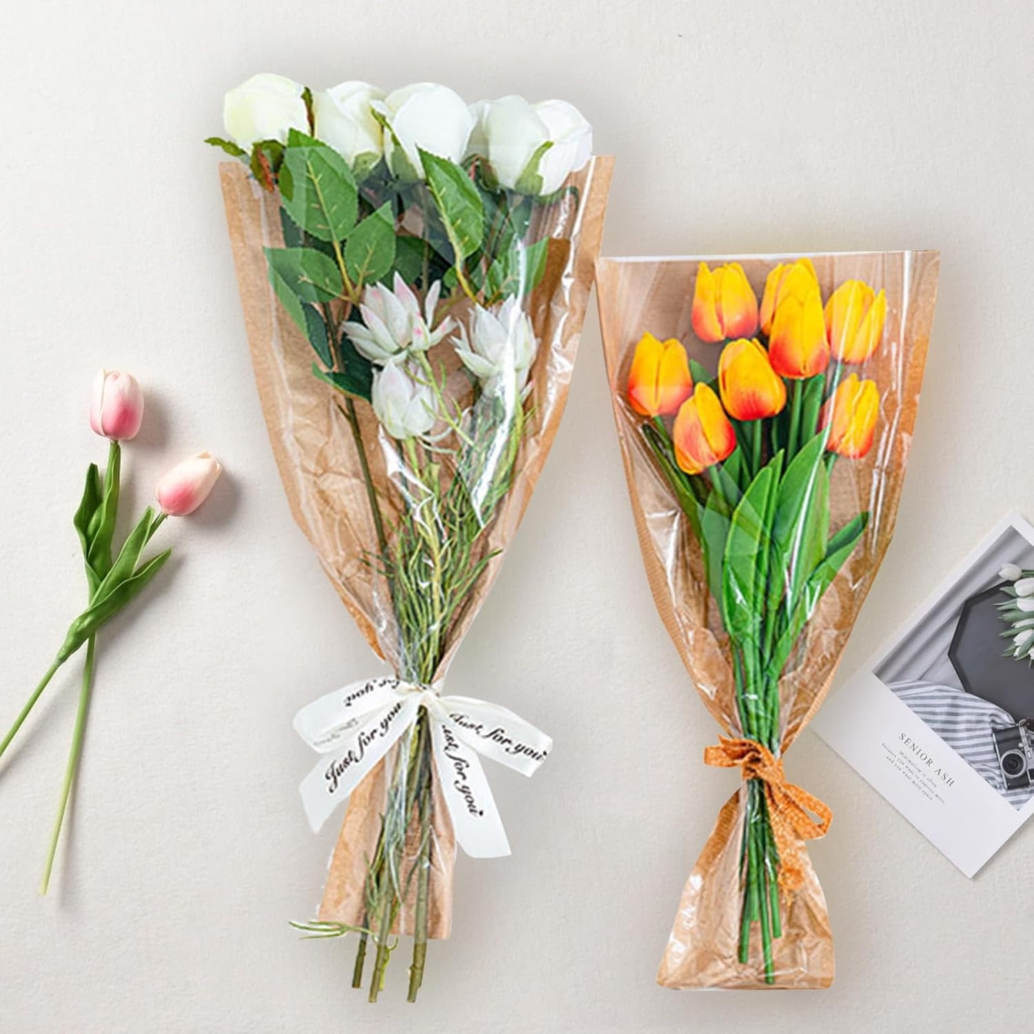 Flower Sleeves for Bouquets,Flower Bouquet Wrapping Paper,Flower Bouquet Packaging Bags Bulk,Floral Arrangement Supplies for Wedding Bridal Birthday Graduation Gift Wrapping,50 Pcs,Brown