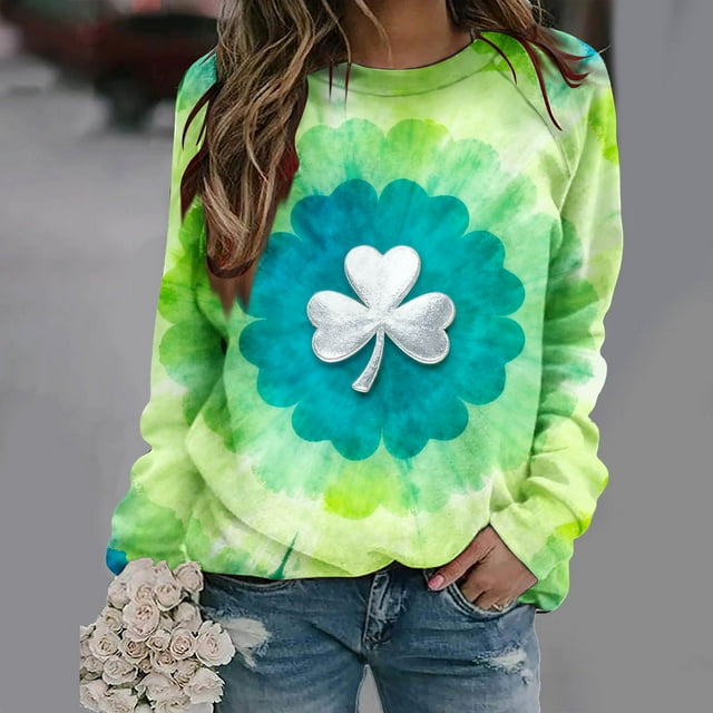Nuoqisi Chandail de la Saint-Patrick pour Femmes Trèfle Imprimé Manches Longues