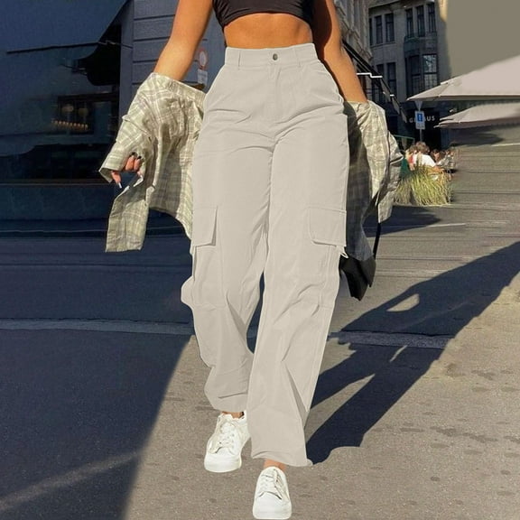 AherBiu Juniors Cargo Pants for Women Elastic High Waisted Streetwear Straight Leg Cargos Trousers with Pockets