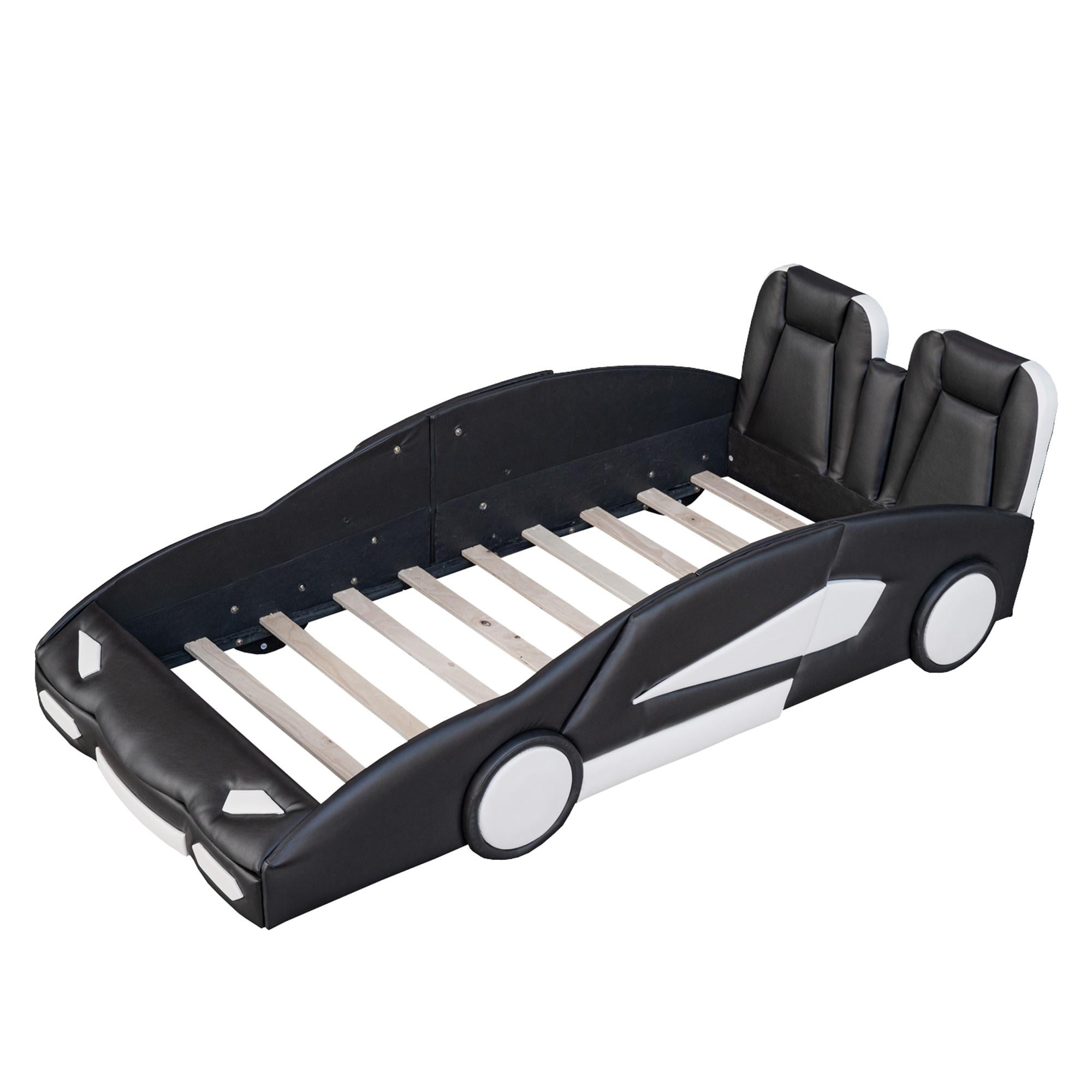 Bellemave Twin Size Race Car-Shaped Platform Bed with Wheels, Faux Leather Upholstered Boys Twin Race Car Bed, Twin Bed Frame with Slat Support（Black)