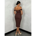 thumbnail image 2 of Coffee Brown Off Shoulder Ruched Midi Dress Bodycon Fit Evening Cocktail Dress, 2 of 5