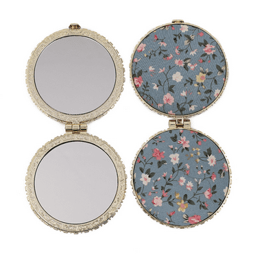 DESIGNICE 2 Pcs Compact Mirror Retro Mini Makeup Mirror with Printed Cloth Flower Double-Sided Pocket Mirror for Girls Women Blue