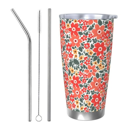 

KLL Small Coral Red Flowers Print 40oz Stainless Steel Insulated Car Cup with Spillproof Lid - Keep Your Drink Hot or Cold on the Go-Straw Three-piece Set